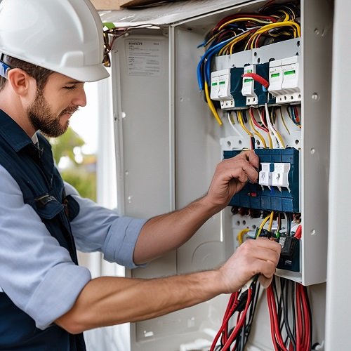 electrician undertaking electrical maintenance on an electrical panel
